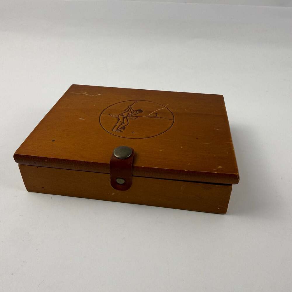 Vintage Wooden Playing Card Box with Golf Player Engraved Lid